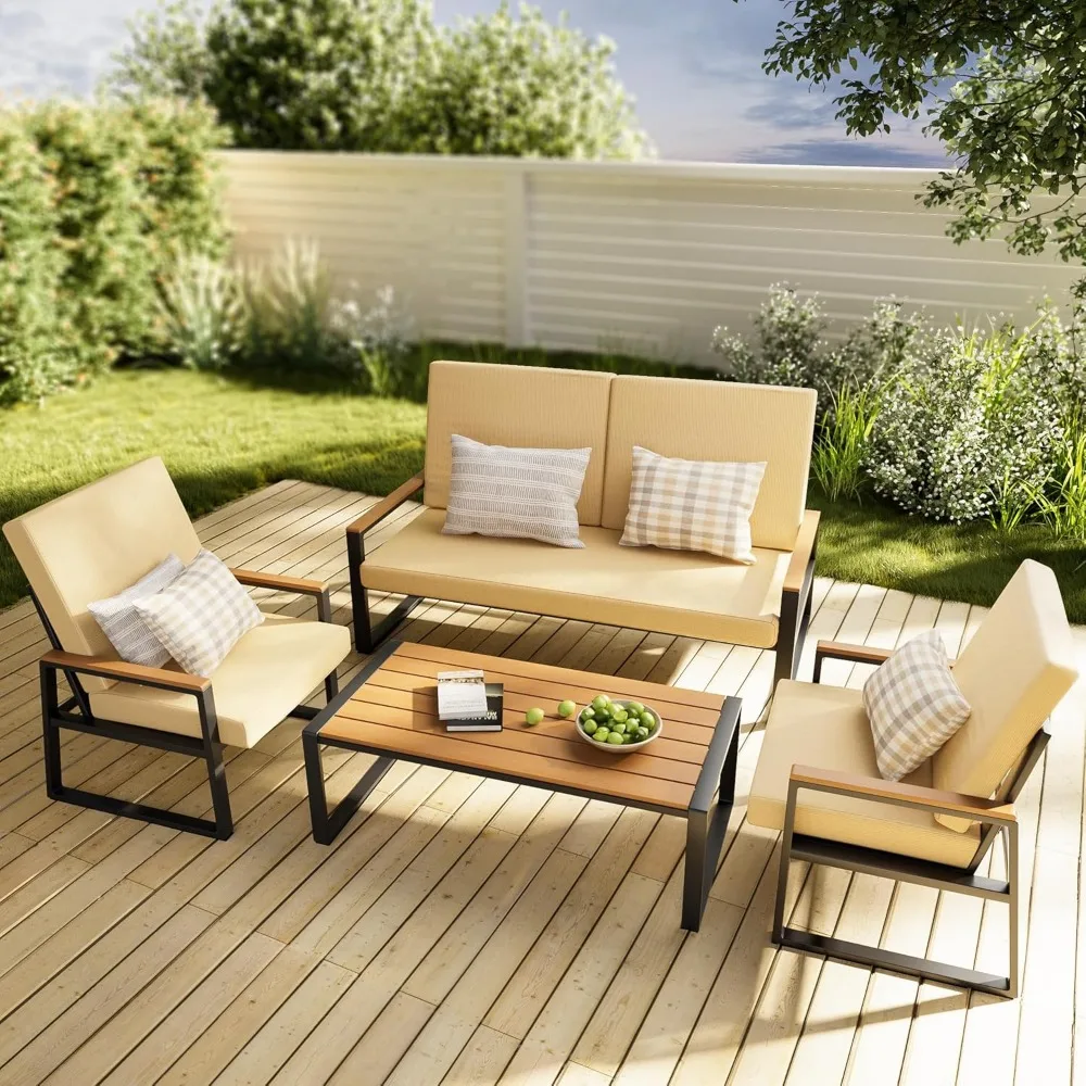 

4-Piece Outdoor Patio Furniture Set with Coffee Table and Removable Cushions, Metal Patio Conversation Set for Family, Yard, Po