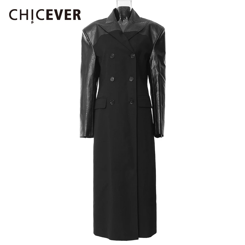 

CHICEVER лоскутный кожаный плащ для женщин с зубчатым воротником и длинными рукавами в стиле пэчворк, двубортное темпераментное пальто, женское весеннее пальто