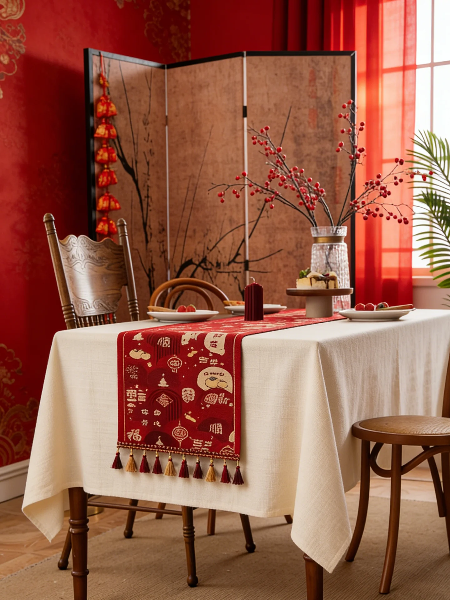 

Красная свадебная новогодняя скатерть-дорожка премиум-класса для праздничного декора обеденного стола и гостиной