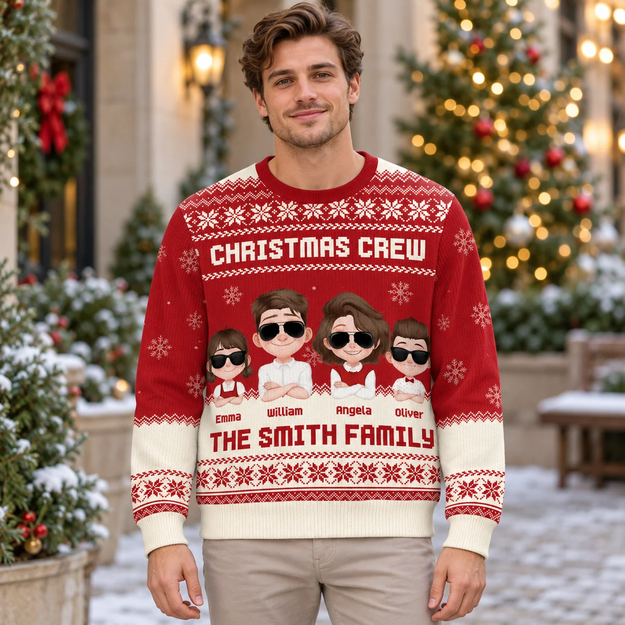 Family Xmas Crew Ugly Christmas Sweater Personalized Names and Winter Prints Crewneck Sweaters for Matching Family Gifts