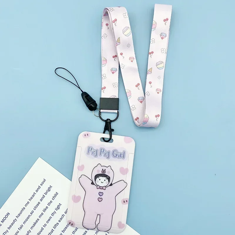 Cartoon Girl Card Cover Student Cute Card ID Set Plastic Long Rope Worker Badge Bus Card Animal Print Lanyard Protection Sleeve