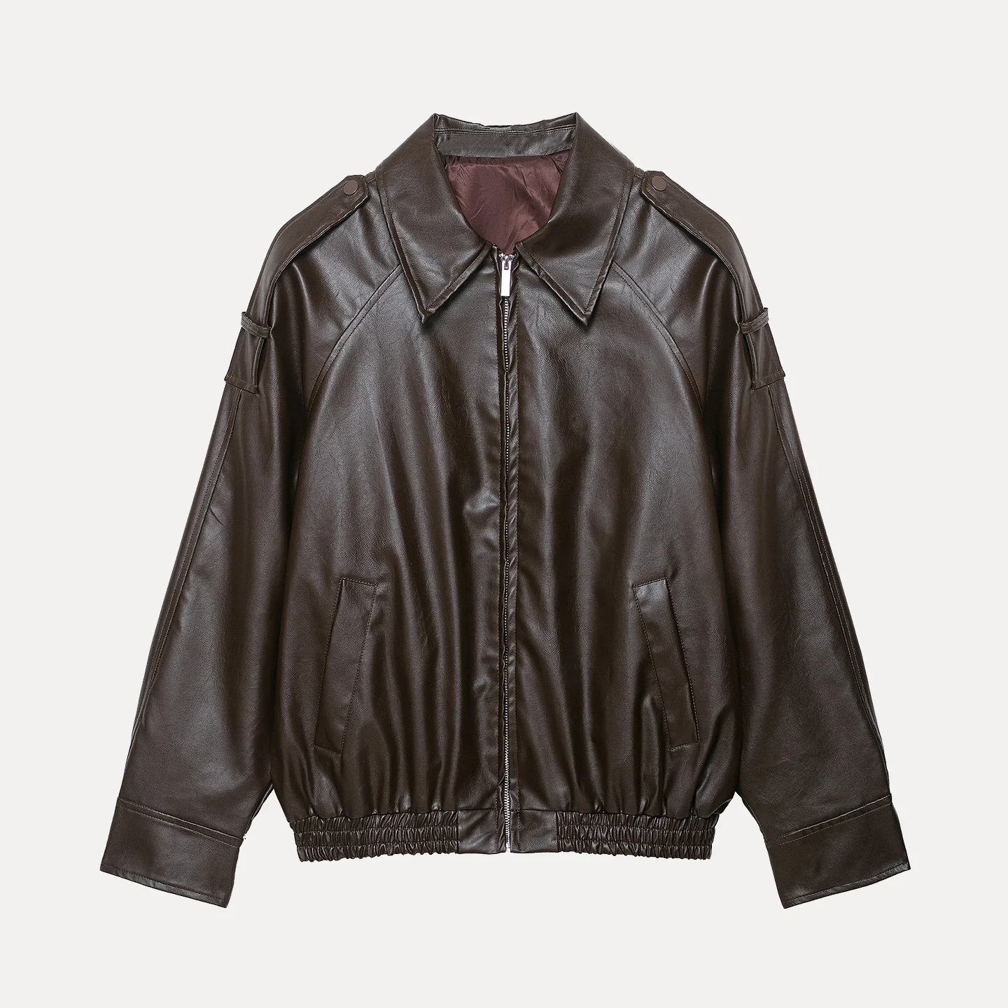 Faionable Pilot Jaet Coat Women's Autumn 2025 Sli Personali Versatile Stand Collar Fake Leather Long Sve Zipper