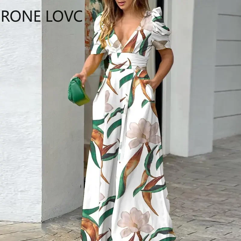 

Women Elegant Allover Print Deep V Neck Short Puff Sleeves Pocket Working Wide Leg Jumpsuits