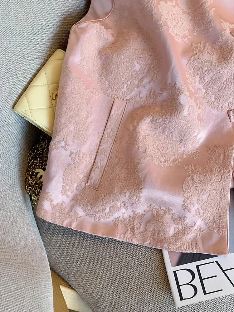 달콤한 핑크색 중국식 자수 조끼 남녀 봄 가을 고품질 민족 스타일 어깨 패드 레이어드...