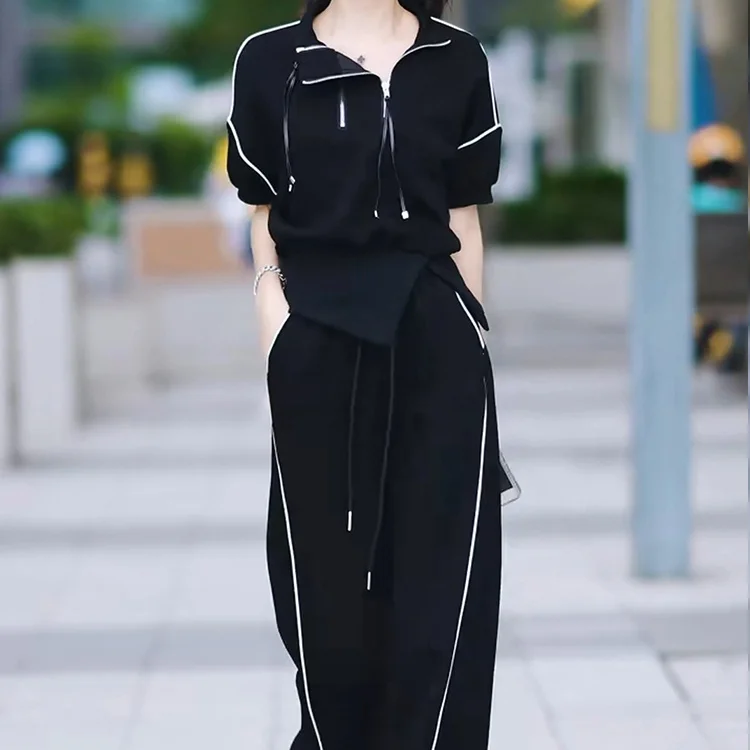 2024 Spring/Summer Fat MM Fashion Casual Sportswear Set with Zipper Top and Pants Two Piece Set Trendy