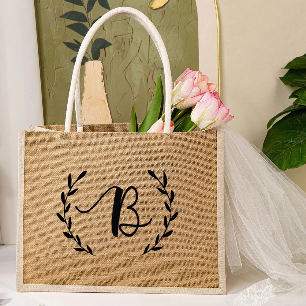 

Eco Friendly Jute Tote Bag Personalized Couple Names Print Bulk Handbag For Wedding Favor Guest Thank You Gift