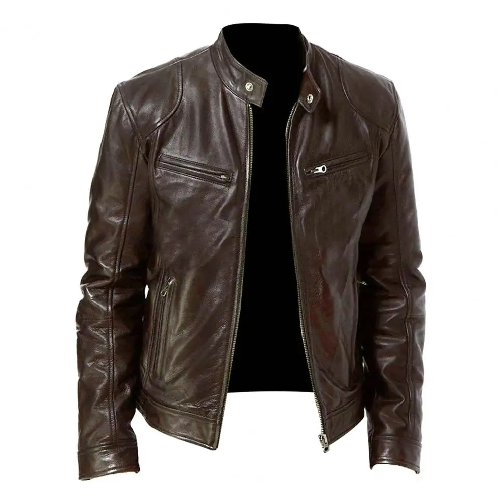 Slim Fit Stand Collar Leather Men Jacket PU Jacket Male Anti-wind Motorcycle Lapel Diagonal Zipper Jackets Men Biker Jacket