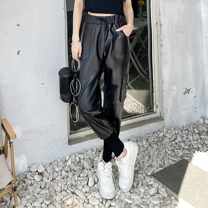 Tajiyane Real Sheepskin Cargo Pants for Women Elastic Waist Genuine Leather Pants Women High Waist Pants Trousers Streetwear