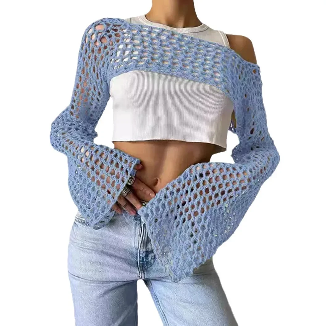 Women Summer Crochet Cover up Top Fashion Hollow out Long Sleeve Bikini Cover Up Top crochet tops beach