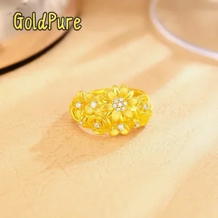 

Goldpure Goldpure GoldpureWomen's 24K Gold (AU999) Adjustable Zircon Ring | Solid gold 3D band, chiseled vine patterns with face