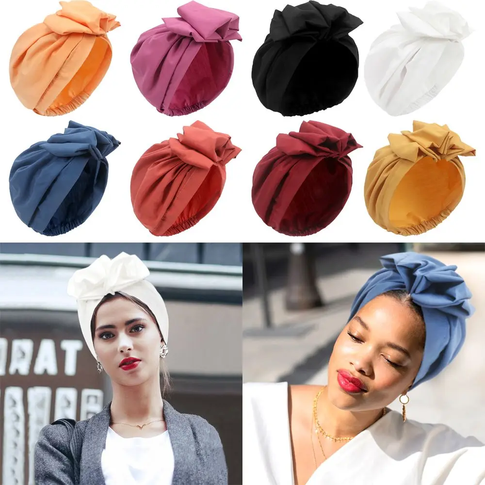 African Head Wraps Elegant Retro Turban for Women Muslim Headscarf Cap Soild Color Ladies Beanies Caps Muslim Headpiece