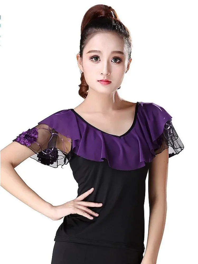 Traje de dança de salão blusas senhoras padrão moderno topos latina flamenco tango valsa latina salsa dancewear topos