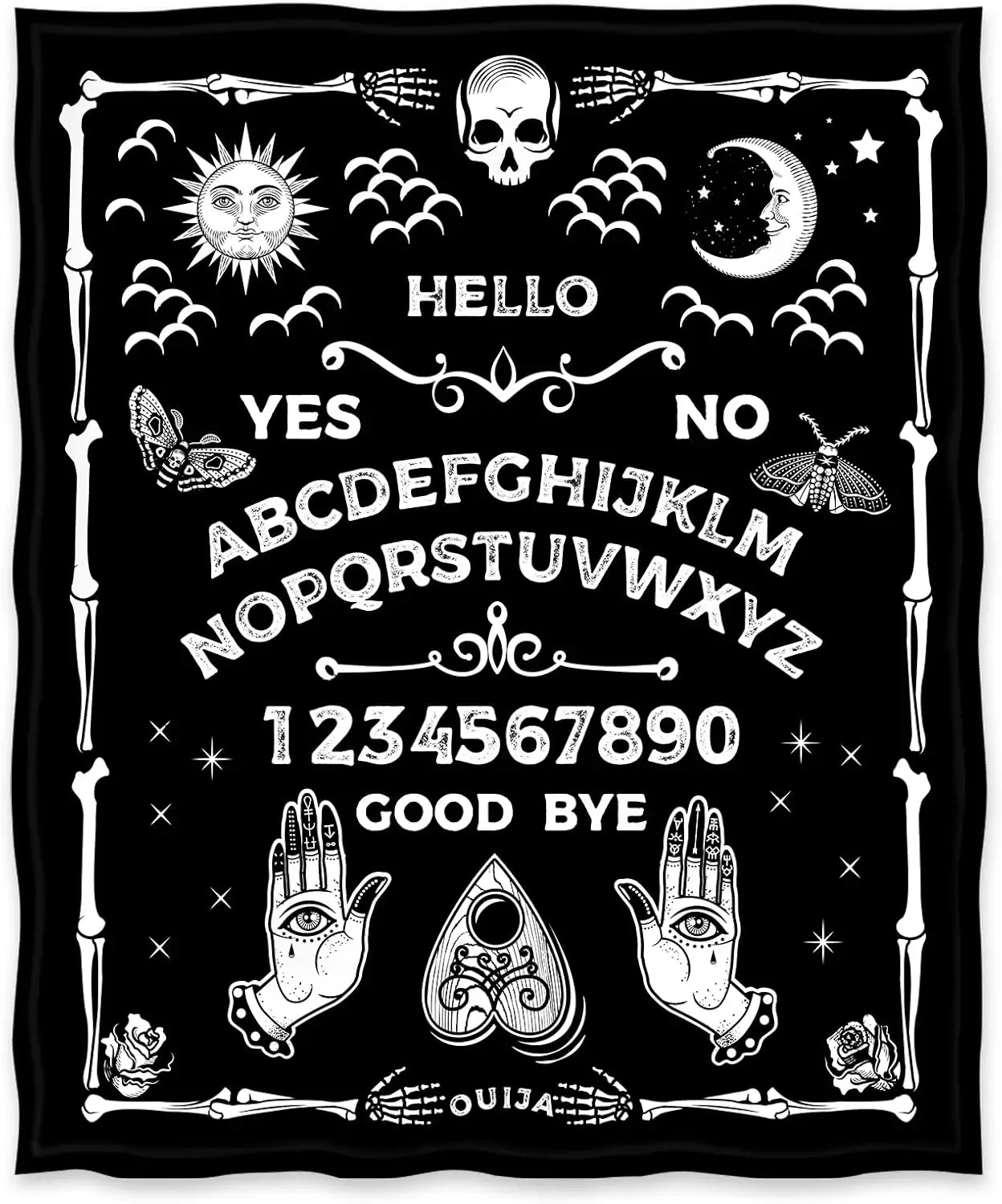 Ouija-Brett-Decke, Gothic-Hexengeschenk für Hexenliebhaber, Sonne, Mond, Skelett, Totenkopf, Horror, als Deko-Überwurfdecke, Schwarz, für alle vier Jahreszeiten