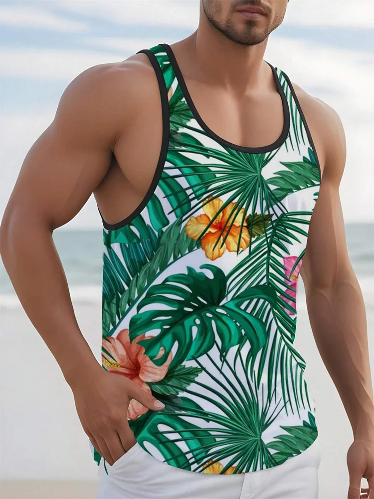 New Summer Men's Sleeveless T-Shirt Men's Outdoor Hawaii Classic Travel Wear Plus-Size Round Neck Palm Leaf 3D Printed Vest