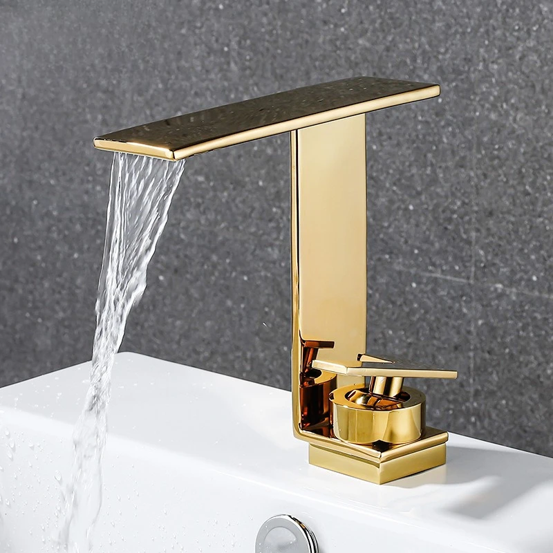 

Gold brass Bathroom Basin Faucet Deck Mounted Waterfall Sink Faucet Cold Hot Water Mixer Single Handle Single Hole Water Taps