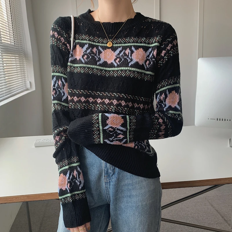 Vintage Print Women Clothes Sweater Hollow Out Long Sleeve Knitted Top 2023 Autumn Sweaters Jumpers Pullover Stripe Jersey Mujer