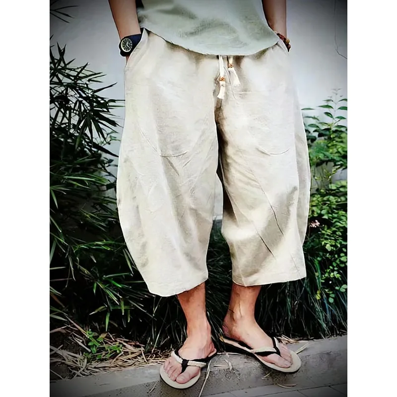 

Летние пляжные повседневные шорты из хлопка и льна для мужчин, японские широкие брюки-капри, мужские спортивные шорты для бега, новинка 2026 года