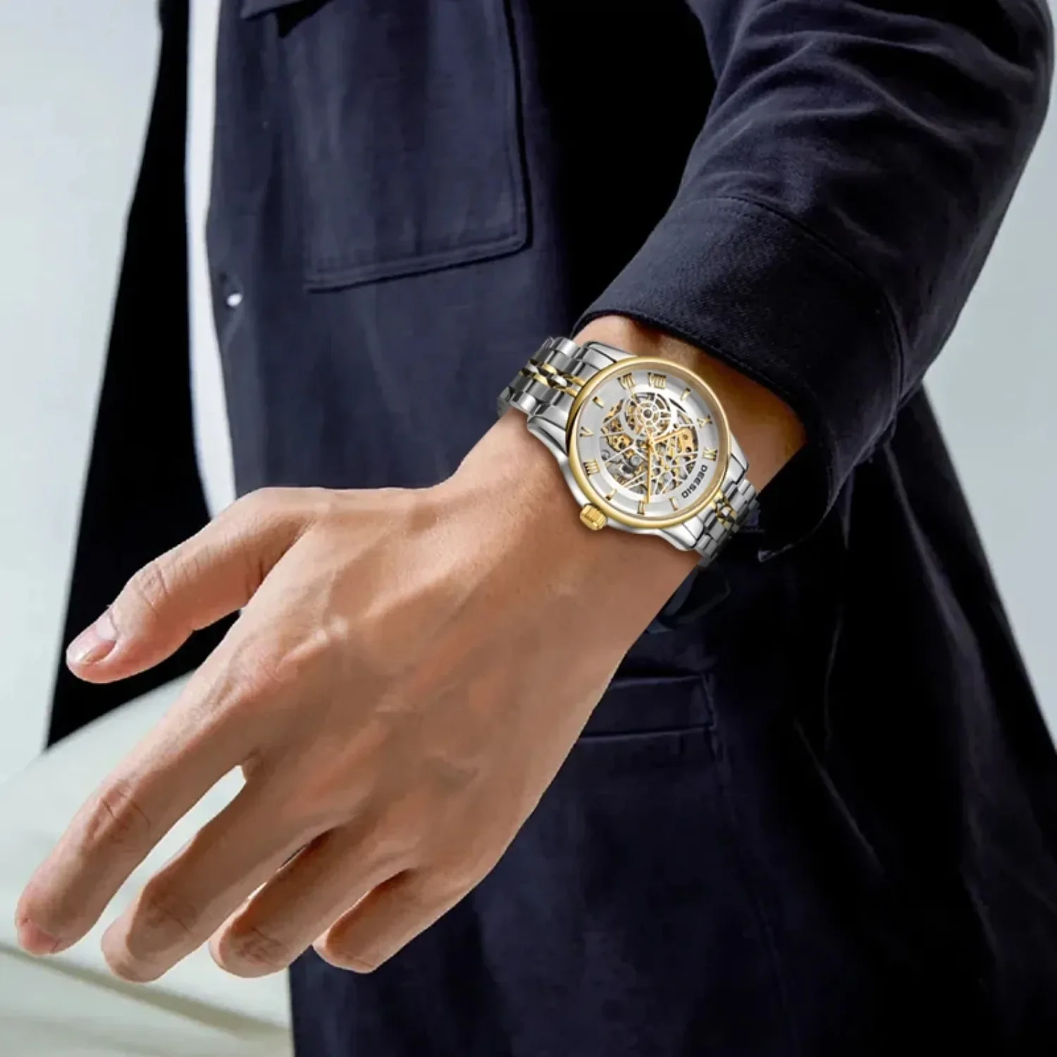 Deesio Mens Automatic Movement Skeleton Watch Luxury Business Stainless Steel Mechanical Wristwatch Water Resistant Watch Y2k