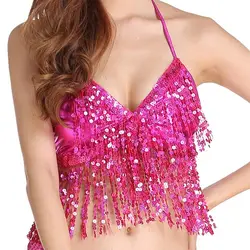 TiaoBug Women Shiny Sequins Tassels Carnival Rave Performance Belly Dance Costume Halter Bra Tops with Hip Scarf Wrap Skirt Set