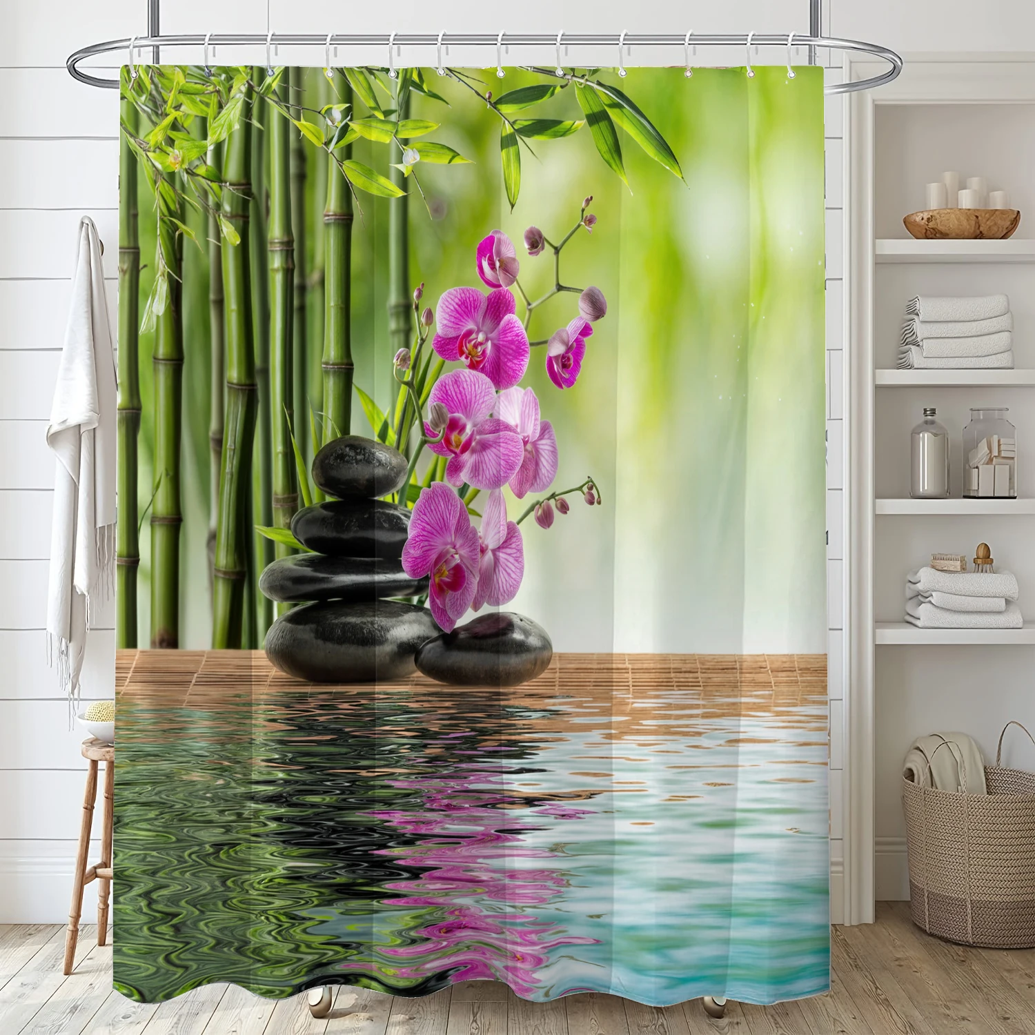 4-piece set of SPA pebble bamboo pattern waterproof shower curtain with 12 hooks,printed curtain, bathroom floor mat