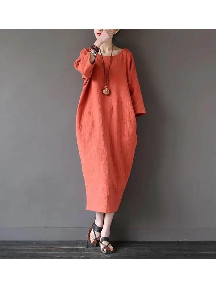 Sukienki z lnu i bawełny na jesień 2026 dla kobiet, plus size, nowe, vintage, luźne, z rękawem trzy czwarte, długie sukienki oversize 5XL 6XL — zdjęcie 2