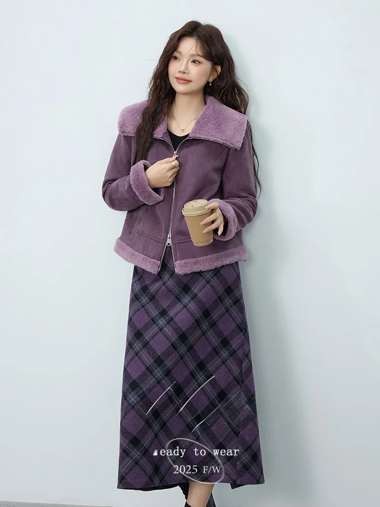 

Winter Women's Outfit Large Size Cheered Straight Skirt And Collar Jaet Set Commute Sle Polyester Fiber Casual Scene