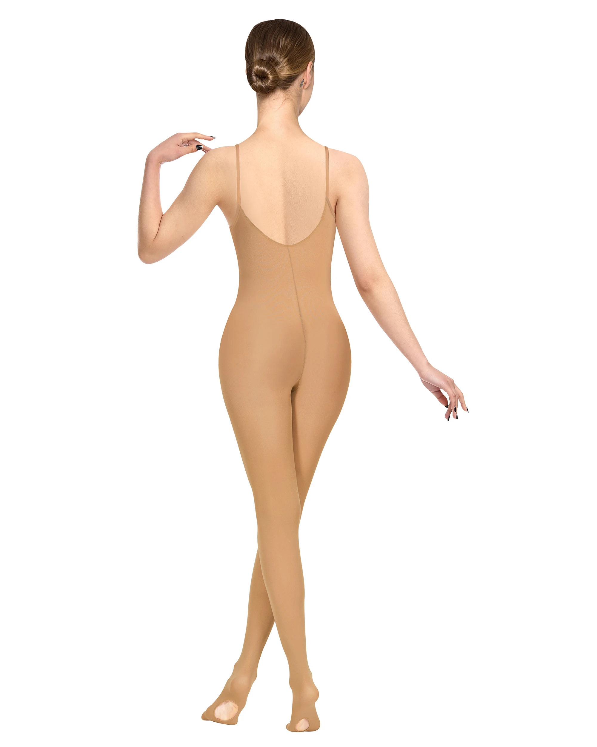 Collant de dança de corpo inteiro nu de balé feminino transparente e alças nude alça de ombro ajustável sola arredondada oca
