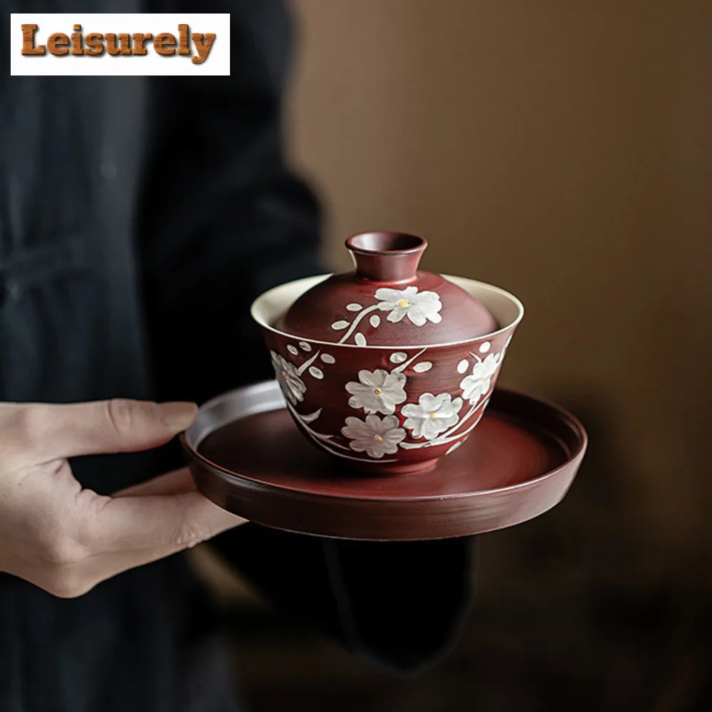 130ml Hand-painted Silver Plum Tea Tureen Fenyin Hawthorn Red Covered Bowl Anti Scalding Gaiwan Pot Bearing Plate Kung Fu Teaset