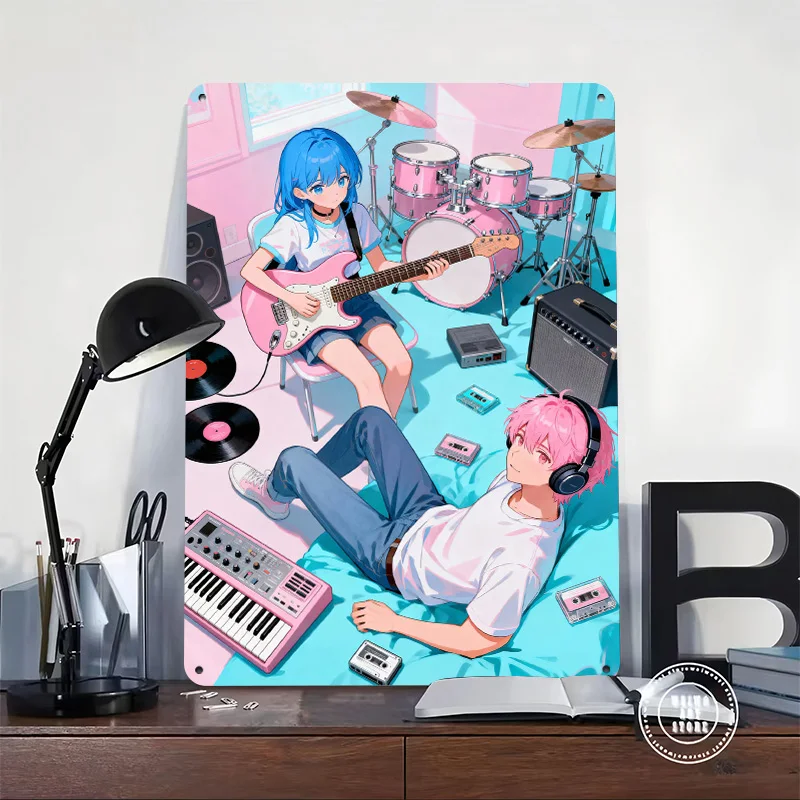 Anime Music Band Practice Session Personalized 3D Textured Metal Poster Wall Art Vintage Tin Signs for Modern Home Decoration