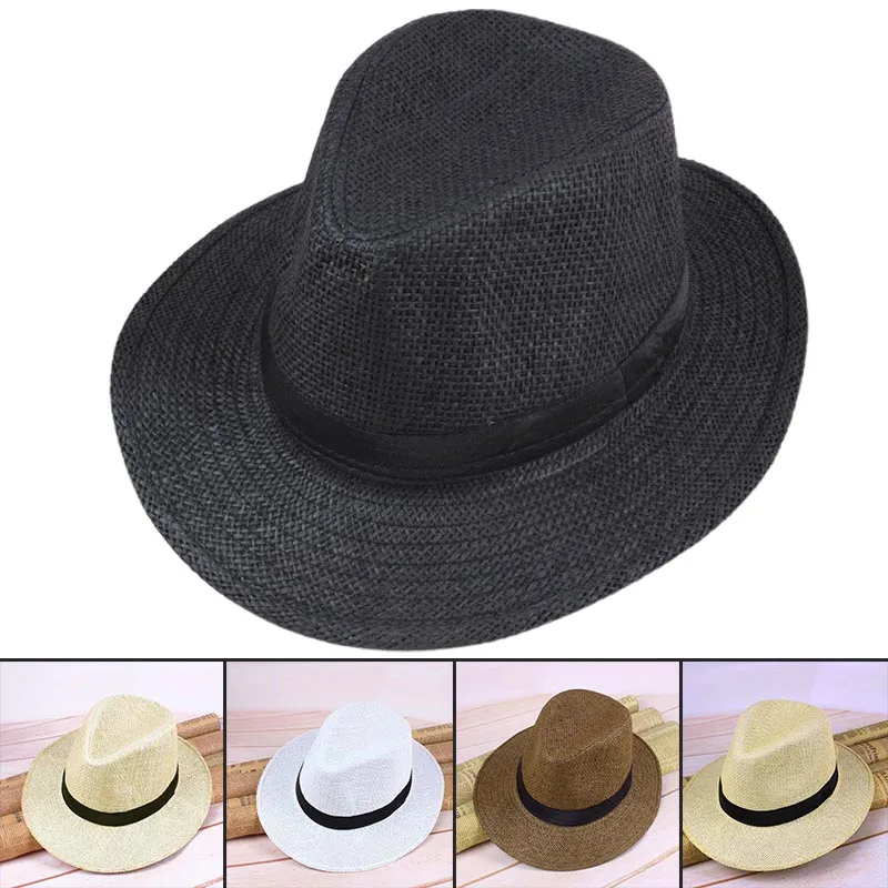 

Men Straw Panama Hat Handmade Cowboy Cap Summer Beach Travel Sunhat PR Sale