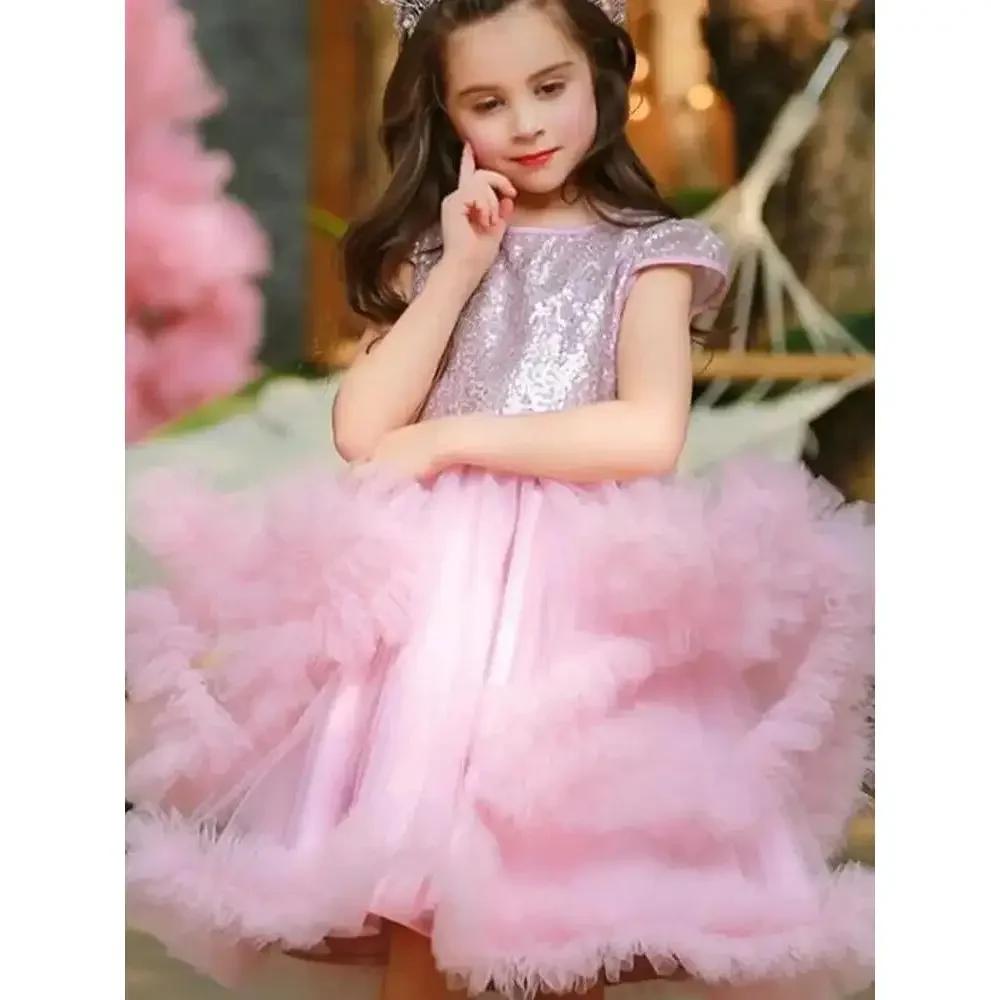 

Pink Flower Girl Dresses Sleeveless Puffy Glitter Princess Baby Wedding Party Ball First Communion Birthday Gowns