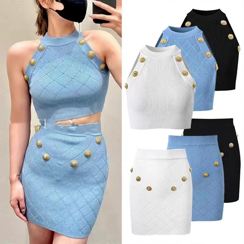 High Quality Women Summer New Metal Buckle Hanging Neck Diamond Plaid Knitted Vest Top+ Skirt Two-Piece Suit Set