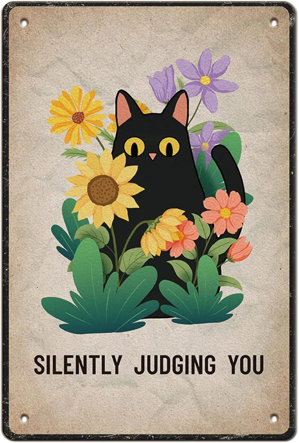 GLOBLELAND Black Cat Tin Sign ;Silently Judging You; Vintage Metal Tin Sign Plaque Poster Retro Metal Wall Decorative Tin Signs
