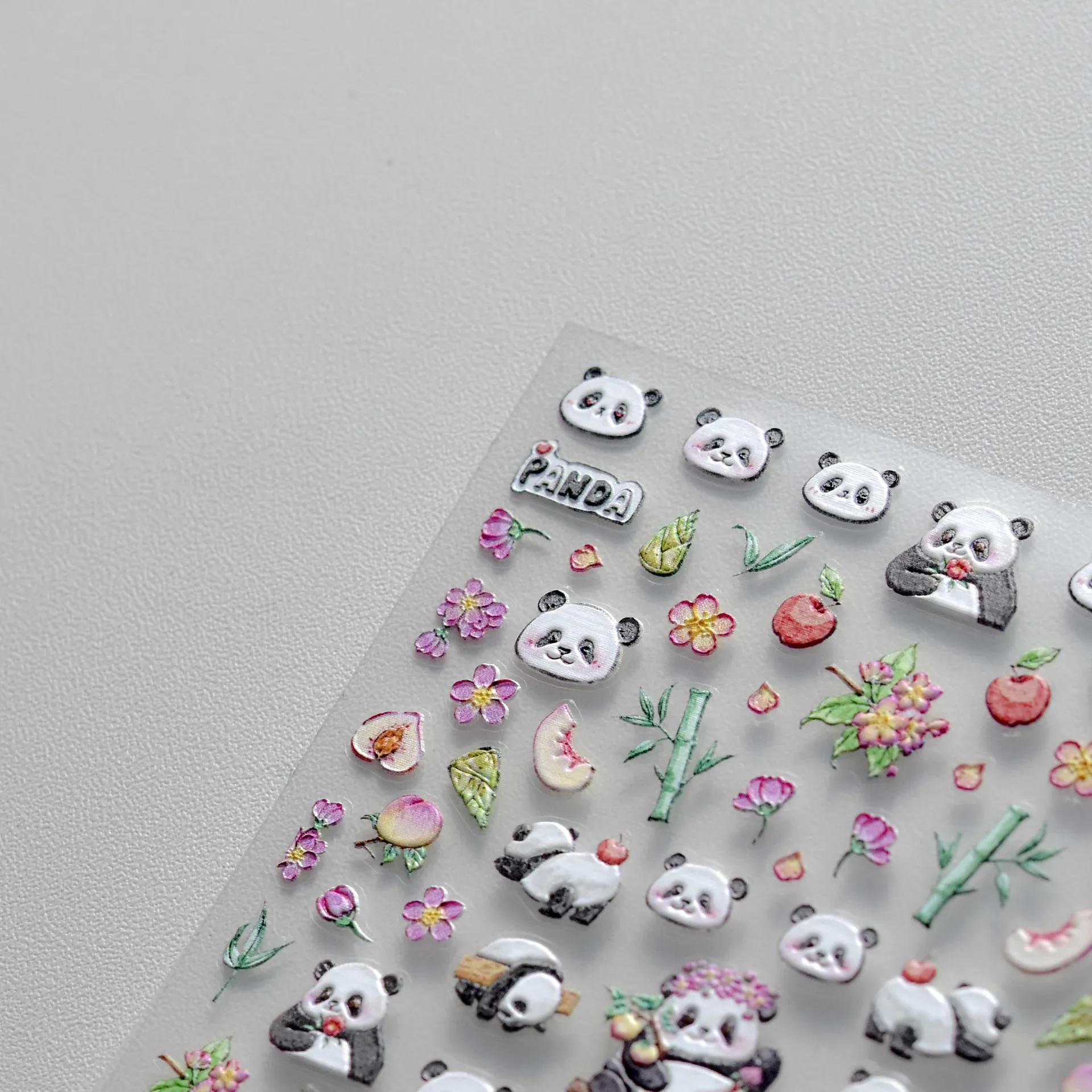 Cartoon Panda Flower Bamboo Peach Apple 5D Soft Embossed Relief Self Adhesive Nail Art Stickers Cute Animal 3D Manicure Decals