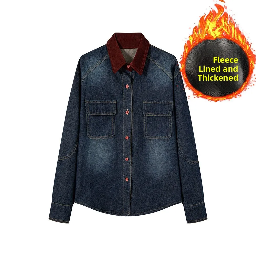 

Thiened Fce Denim irt Jaet Women's Vintage Sle Long Sve ort Coat Retro Match All Ladies Autumn Winter New Arr...