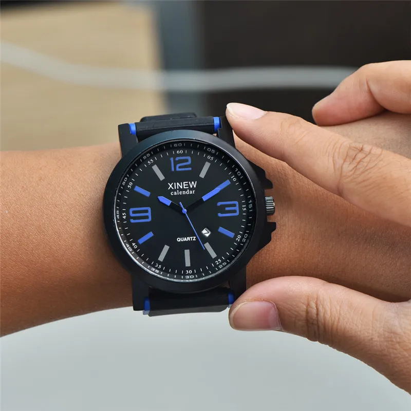 Men XINEW Brand Watches Students Fashion Casual Silicone Band Sports Date Quartz Watch Erkek Barato Saat Montre Homme Black 2024