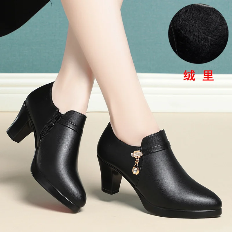 Spring Comfortable Fashion Deep Mouth Soft Leather Shoes Women\'s Platform Pumps Fall  Block Heels Office Mom Shoes