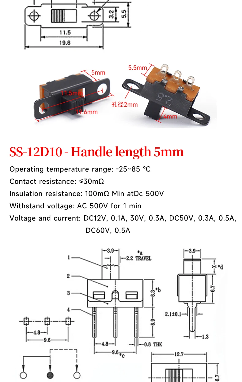 5 Stück Mini-SPDT-Schiebe-Kippschaltergriff 3/5mm MSS-22D018 SS-12D00 SK-22D07 MSK-12C02 SS-12F44 MSK23D19 - Elektronisches Bauteil – Detail 11