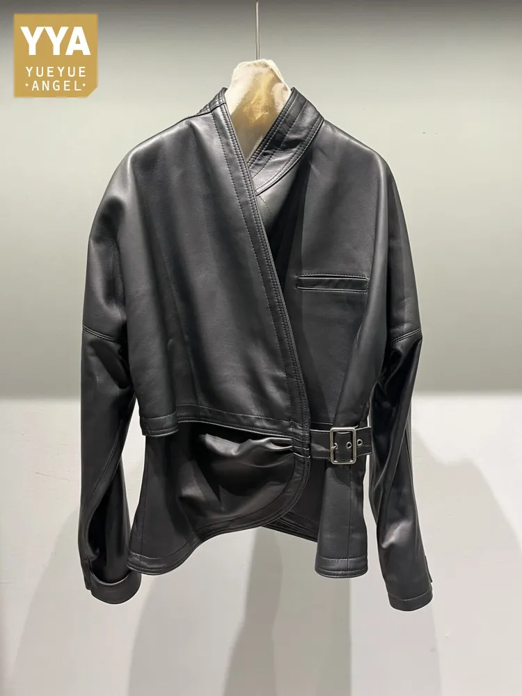 New Designer High Quality Genuine Leather Jacket Women Stand Collar Buckle Loose Fit Long Sleeve Fashion Natural Sheepskin Coat
