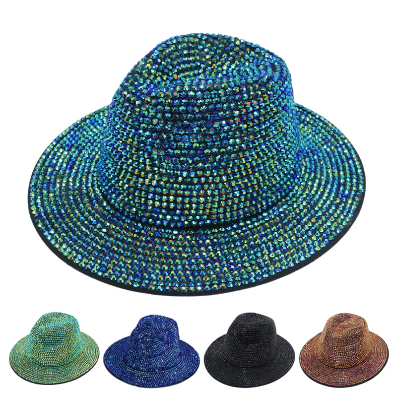 

Rhinestone Jazz Fedora Hat – Sparkly Colorful Crystal Studded Felt Party Hat for Stage Performance & Runway Show