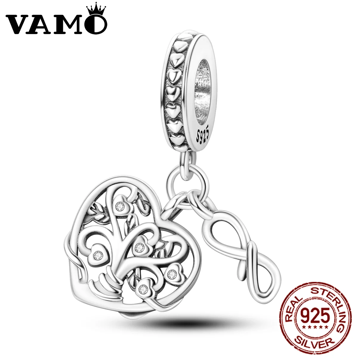 VAMO 100% 925 Sterling Silver Charms Bead Tree of Cabala and Infinite Symbol Dangle Fit Original Charm Bracelet DIY