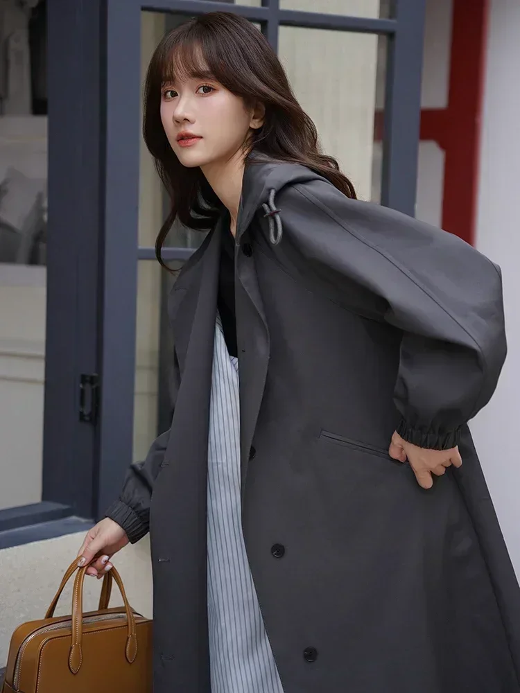 Korean Style Spring Autumn Casual Loose Fit Hooded Trench Coat Women Mid-Length Long Sleeve Chic Elegant Coat for Casual Looks