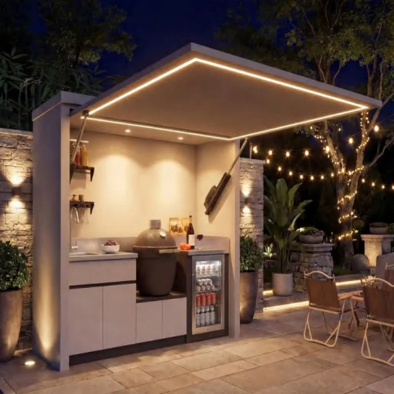 All in One Outdoor Kitchen Station for Backyard BBQ Include Prep Area Storage and Grill Space