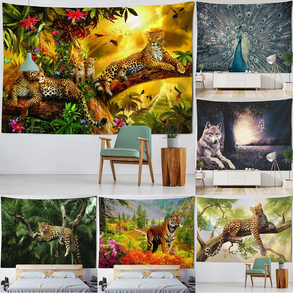 

Forest animal tapestry room decoration wall hanging cloth psychedelic hippie lion wolf tiger leopard art background cloth