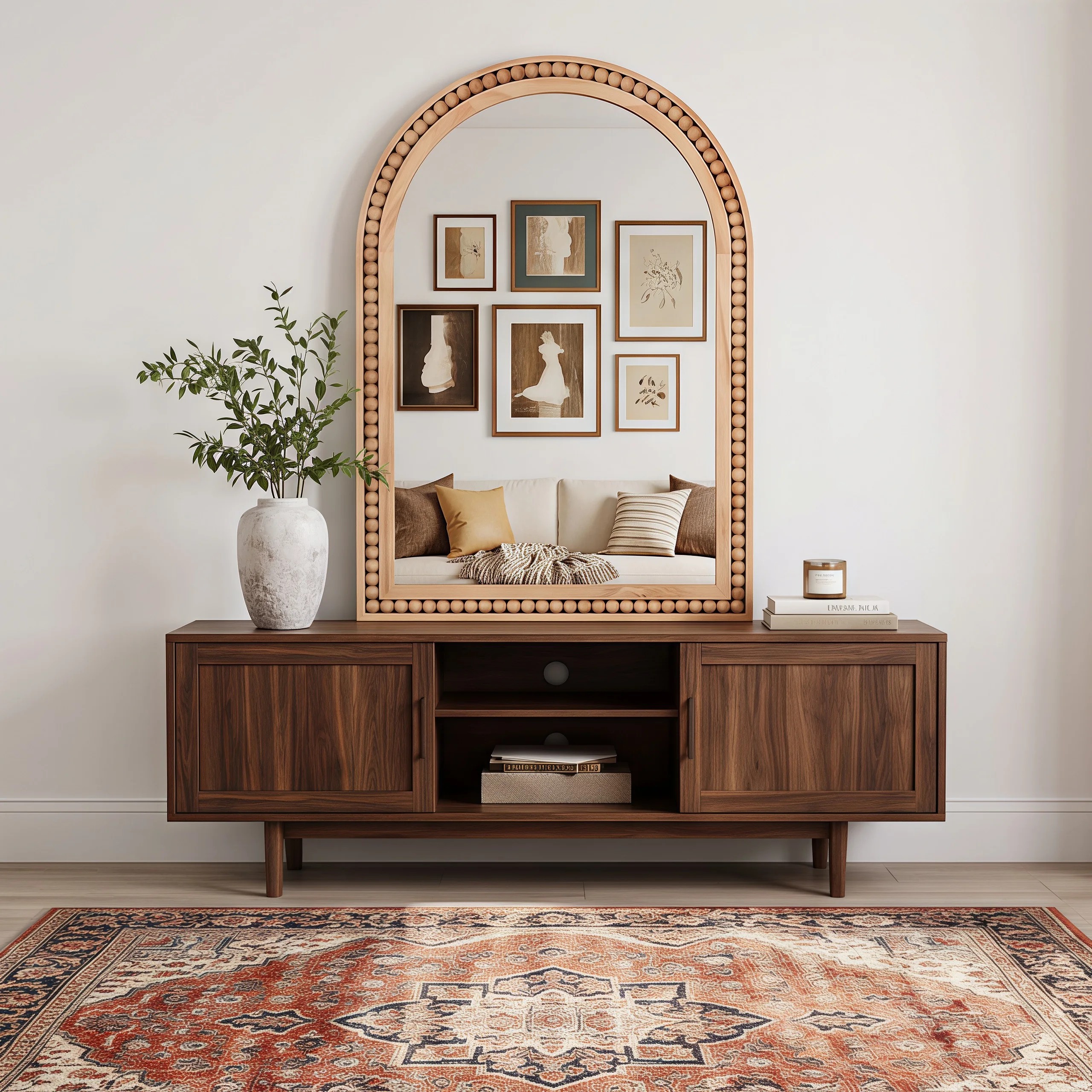 24x36 Inch Arched Wall Mirror with Beaded Solid Wood Frame, Rustic Farmhouse Full Length Mirror for Bathroom Vanity, Entryway & Living Room