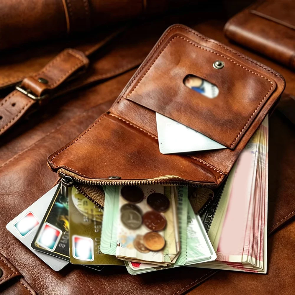 Genuine Leather Men Retro Wallet Large Capacity Card Holder Zipper Coin Pocket High Quality Portable Durable Male Money Clips