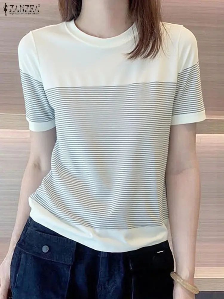 

ZANZEA Fashion Striped T-Shirts Women Tops 2025 Casual Loose Pullovers Fashion Short Sleeve Tees Summer Patchwork Tunic