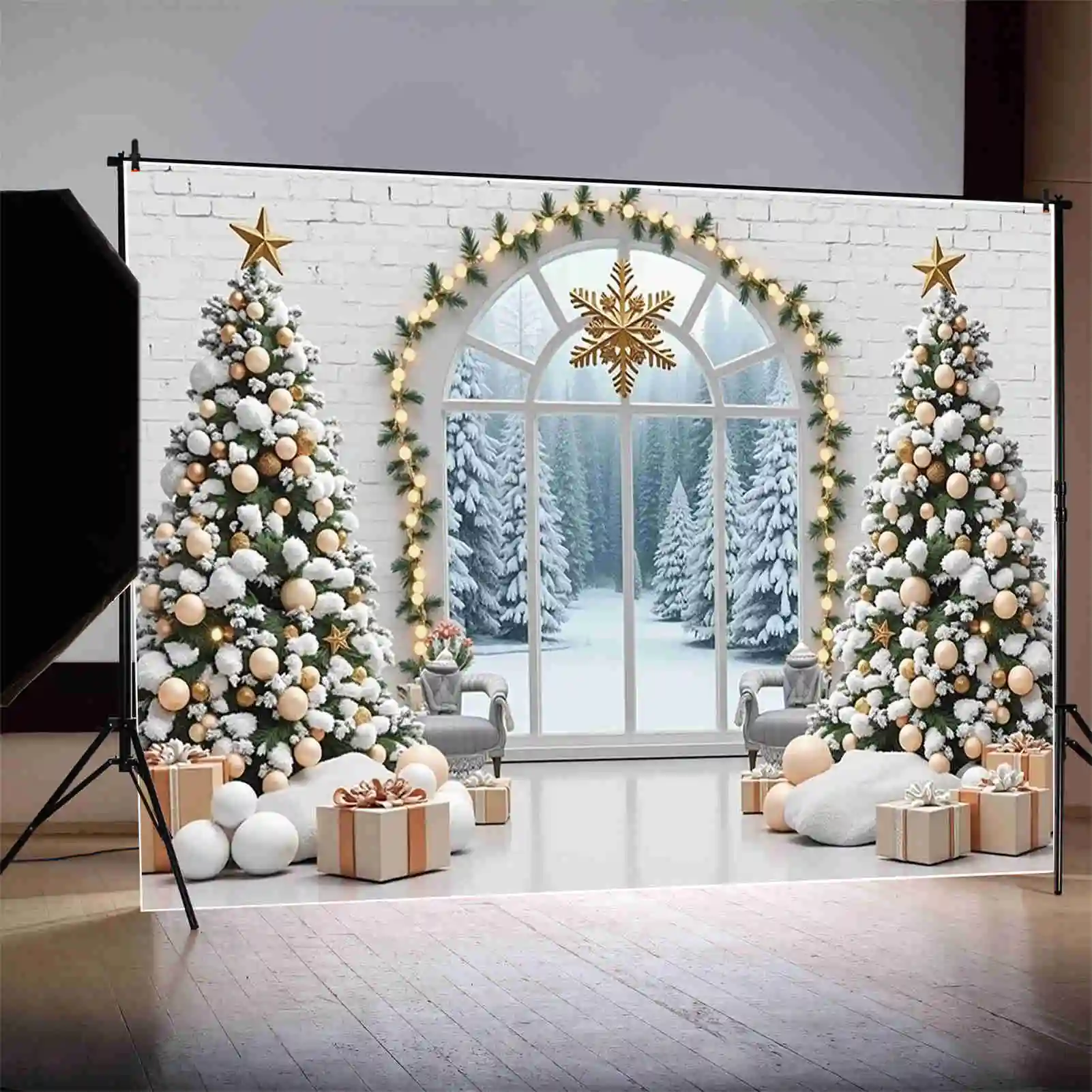 MOON.QG 2025 Christmas Photography Background Xmas Tree New Year Window Photocall Backdrop Baby Photo Studio Photozone Supplies