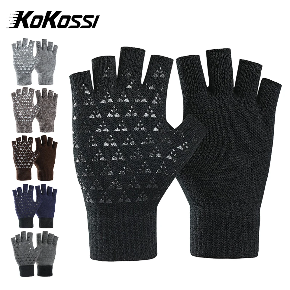 KoKossi Winter Half-finger Knitted Gloves Exposed Fingers Outdoor Cycling Warm Non-slip High-elastic Gloves For Men Women