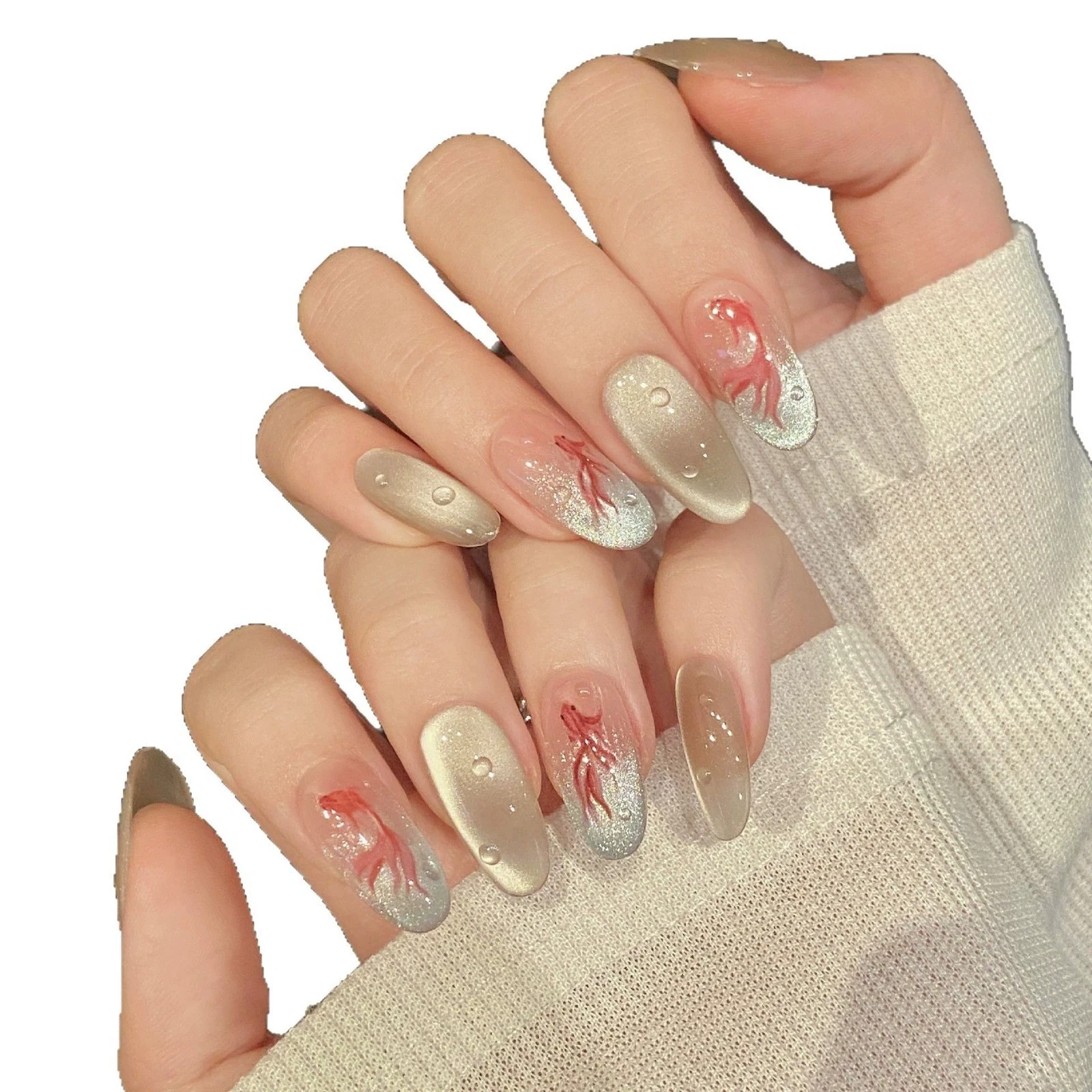 10 stuks lange glanzende kattenoog Chinese stijl handgemaakte Y2k nagelpers op nagels amandel nepnagels gradiënt Franse kunstnagels draagbaar